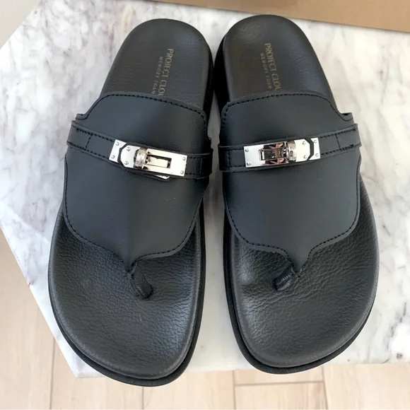 ☁️ PROJECT CLOUD Vita Genuine Leather Turn Lock Flat Sandals in Black - Picture 4 of 9